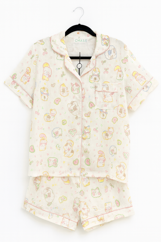 🌙 The Purr-fect Dream Night Suit (Cream Cat Print)