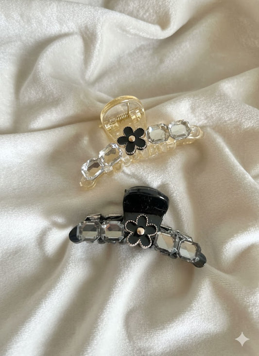 The Duet Glamour Clip: Black &amp; Cream Stone Studded (Pack of 2)